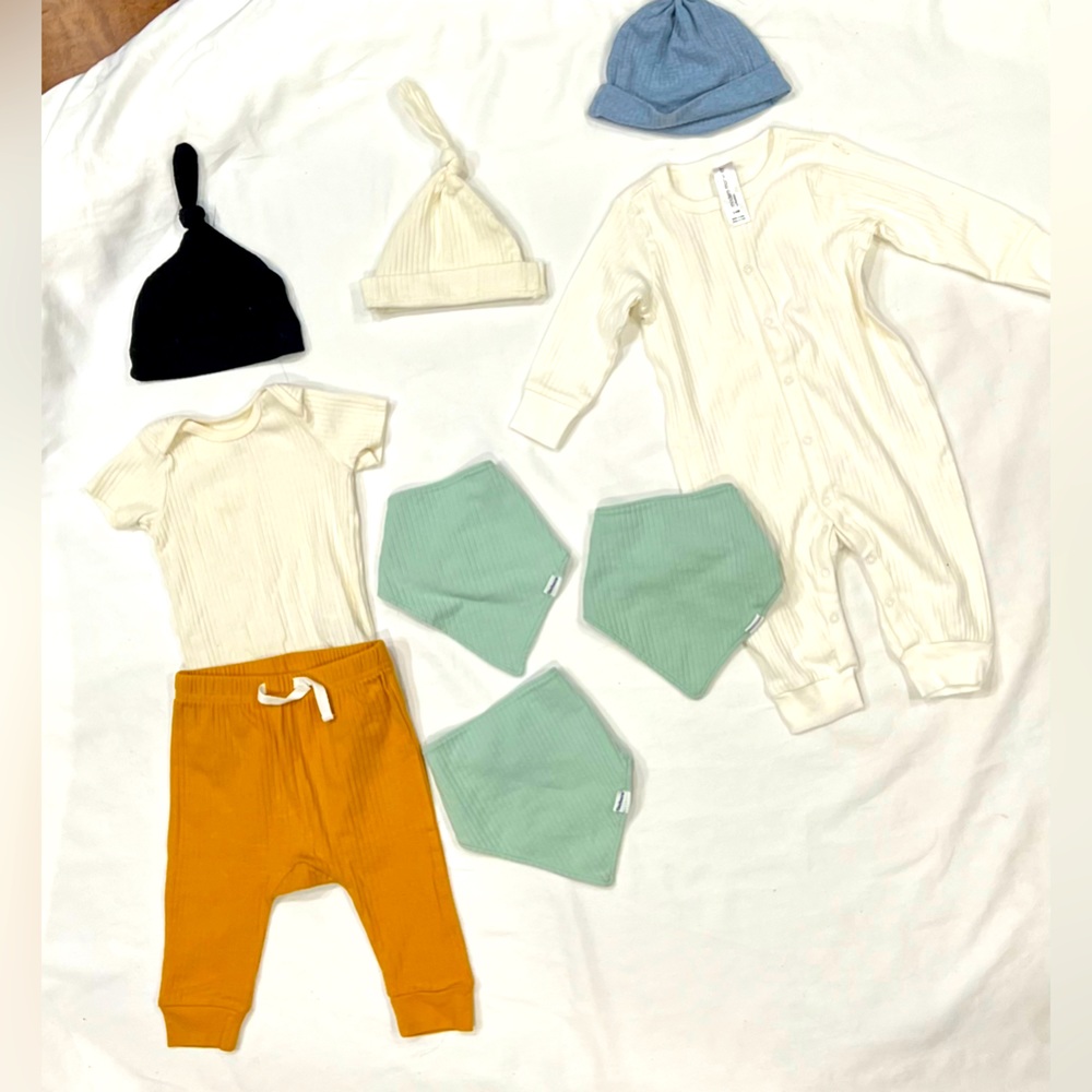 Baby boy 3-6 month outfit lot. Four outfits; five bibs and seven hats.